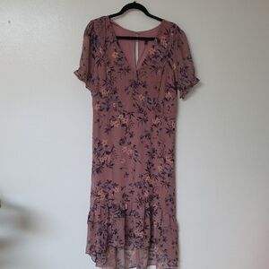 Express Mauve Floral V-Neck Ruffle Hem Midi Dress